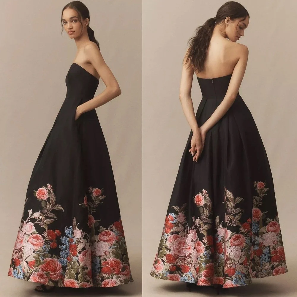NEW Mac Duggal Black Strapless Floral Brocade Ballgown $798 -‎ Size 4